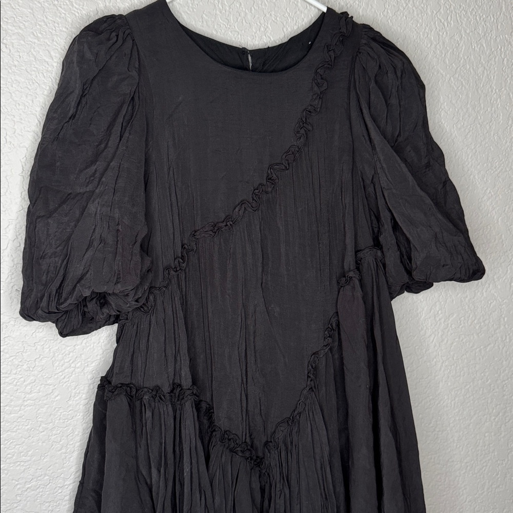 Sofie the Label Izzy Asymmetrical Mini Dress Black Small Puff Sleeve - Picture 3 of 8